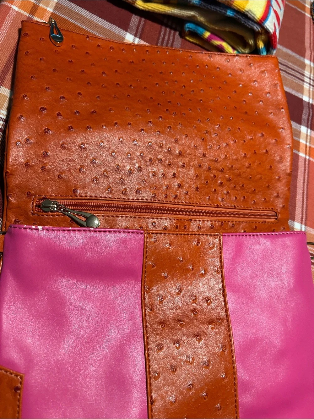 Cri De Coeur Orange FEAUX Ostrich -Texture Zip Bag with Pink Details